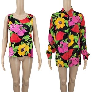Corey B Silk Vintage Floral Women's Tank Top and Button Down Blouse Long Sleeves